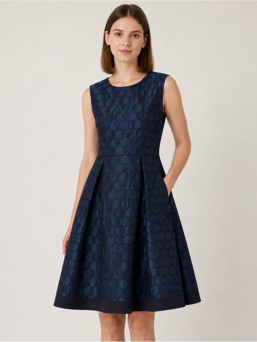 Carmen Marc Valvo Navy Textured Circle Appliqué Fit & Flare Dress – Size 10